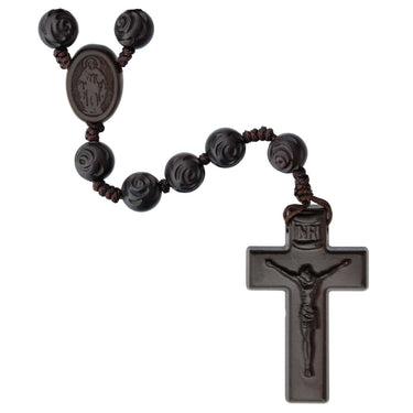 Jujube wood rosary with hand-carved rose beads, 21 inch length, 10mm beads on strong cord with laser-cut crucifix