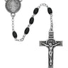 4x6mm black St. Benedict rosary with pewter crucifix and St. Benedict center medal displayed on white background