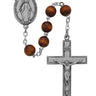 7mm brown wood rosary with pewter crucifix and center medal displayed beside a deluxe flip-top gift box