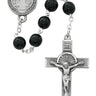 7mm black wood St. Benedict rosary with pewter crucifix and center piece displayed against a white background