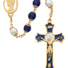 8mm blue and pearl glass rosary with gold-plated pewter hardware, Miraculous Medal center, and Holy Mass blue epoxy crucifix in red velour gift box