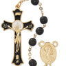 7mm round black glass rosary with gold-plated pewter links, Miraculous Medal center, and black epoxy Holy Mass crucifix in red velour gift box