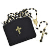 7mm round black glass rosary with gold-plated pewter hardware, Miraculous Medal center, and black epoxy Holy Mass crucifix