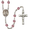 Silver tone Our Lady of Kibeho birthstone rosary with personalized five-decade prayer beads, hand-assembled in USA by Bliss Manufacturing