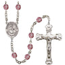 Silver tone Virgen De La Merced Catholic rosary with birthstone crystal beads hand-assembled in USA by RosaryCard
