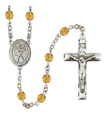 Silver plated St. Sebastian rosary with 6mm fire polished zircon December birthstone beads handcrafted by Bliss USA