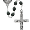 Black wood Lord's Prayer rosary with 7x8mm oval wood beads and silver-tone pewter crucifix engraved with the Lord's Prayer on the back