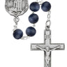 8mm dark blue wood police rosary with pewter St. Michael badge center piece and pewter crucifix in deluxe gift box