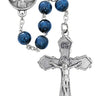 8mm blue wood bead rosary with pewter crucifix and pewter center medal displayed against a white background