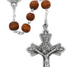 7mm brown wood oval bead rosary with pewter crucifix and center medal displayed against a white background