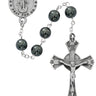 8mm round hematite St. Michael rosary with pewter crucifix and center piece displayed against a white background