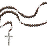 7.5mm brown wood bead corded rosary with brown cord and crucifix displayed against a white background