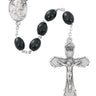 6x8mm black wood rosary made in Italy with zinc crucifix and center piece displayed against a white background