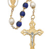 8mm blue and pearl capped bead rosary with gold-plated 2-tone pewter crucifix and center, made in USA, shown in deluxe gift box