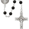 6mm black onyx St. Benedict rosary with sterling silver crucifix and center medal shown against white background