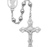 6mm rhodium-plated silver metal bead rosary with matching rhodium on pewter crucifix and center medal in deluxe gift box