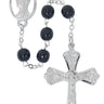 7mm black glass bead rosary with rhodium-plated crucifix and center medal displayed against a white background