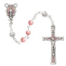 4mm pink pearl baby rosary made in Italy with silver-tone Our Father bead, epoxy crucifix, and center piece in a deluxe gift box