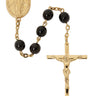 7mm black glass rosary with gold over sterling silver crucifix and center piece in deluxe gift box