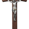 10 inch walnut wood wall crucifix with pewter corpus, traditional Catholic cross, brown finish