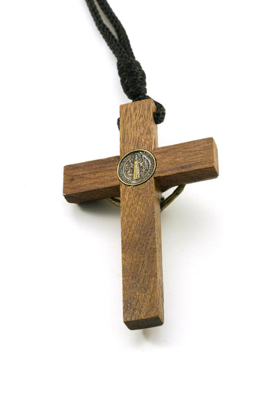 3 inch brown wooden St. Benedict crucifix necklace with black rope cord, Christ corpus and medal reverse