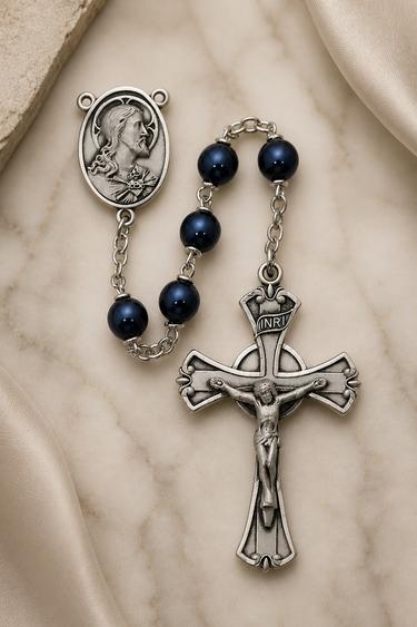 7mm Dark Blue Rosary | Sterling Silver Crucifix & Center | Gift Box