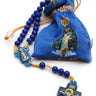 Blue children's Catholic rosary for boys with 7mm blue beads on yellow cord, acrylic crucifix and center, with blue storage pouch