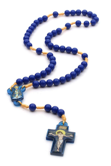 Blue children's Catholic rosary for boys with 7mm blue beads on yellow cord, acrylic crucifix and center, with blue storage pouch