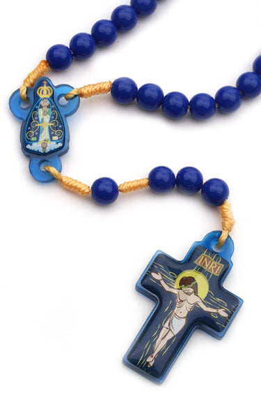 Blue children's Catholic rosary for boys with 7mm blue beads on yellow cord, acrylic crucifix and center, with blue storage pouch