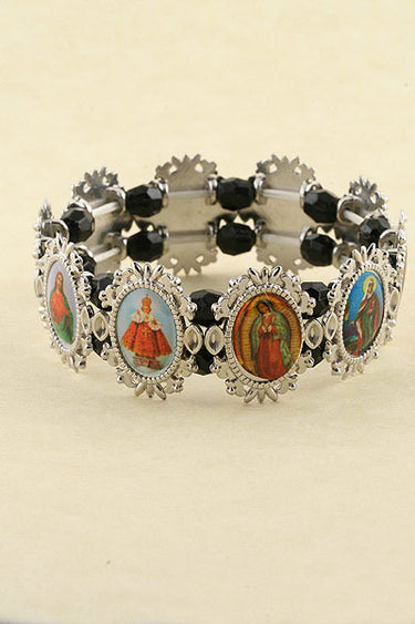 Pulsera de santos católicos de metal | Cuentas negras | Elástica | Tarjeta de Rosario