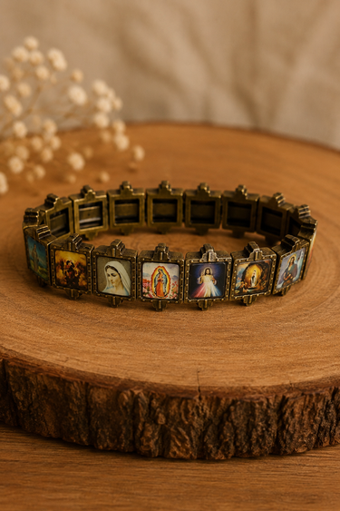 Pulsera Estirable de Santos Católicos | Imágenes Sagradas a Color | Pulsera Elástica Religiosa | Tarjeta de Rosario