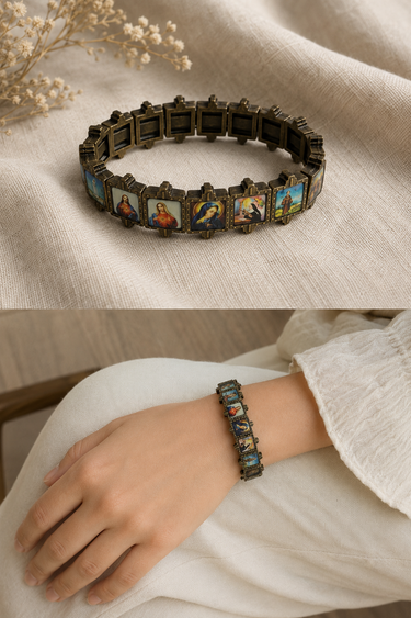 Pulsera Estirable de Santos Católicos | Imágenes Sagradas a Color | Pulsera Elástica Religiosa | Tarjeta de Rosario