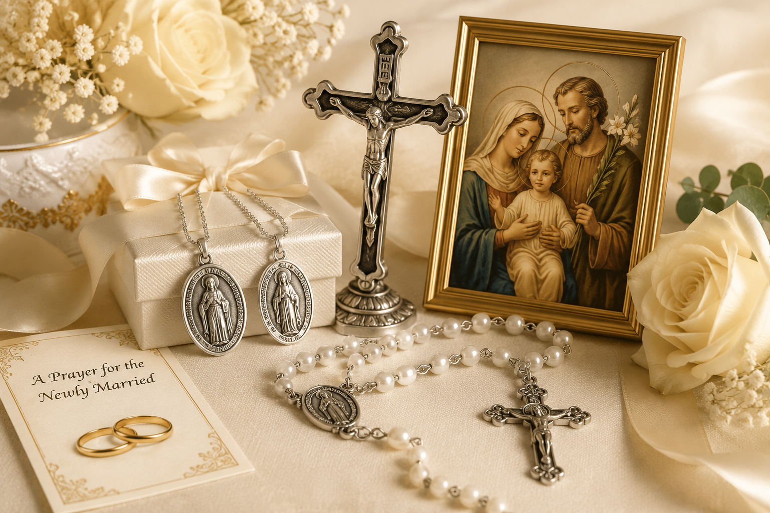 Catholic wedding gifts with patron saint medals, rosary, crucifix, Holy Family devotional gift, Marian framed print, flowers, Bible, and wedding gift box