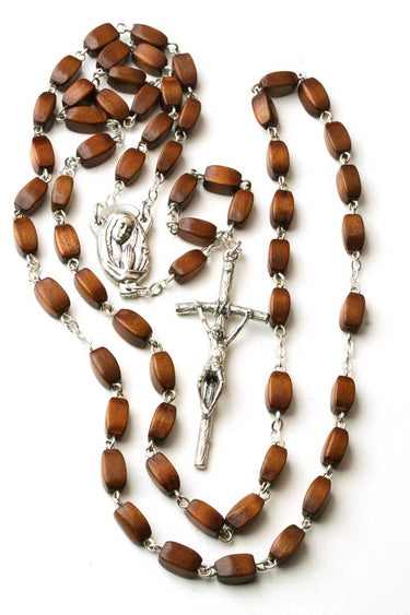 Brown Rectangular Wood Bead Catholic Rosary | 10mm Beads | 21" Length | Boxed Gift