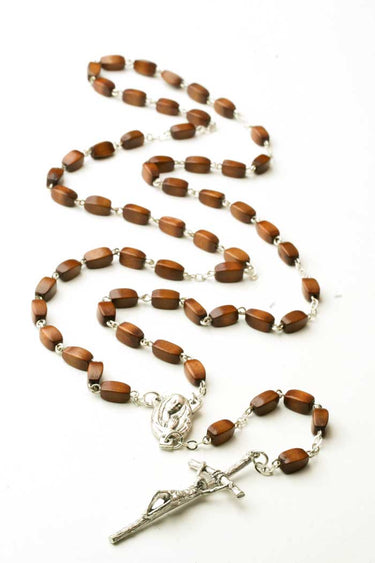 Brown Rectangular Wood Bead Catholic Rosary | 10mm Beads | 21" Length | Boxed Gift