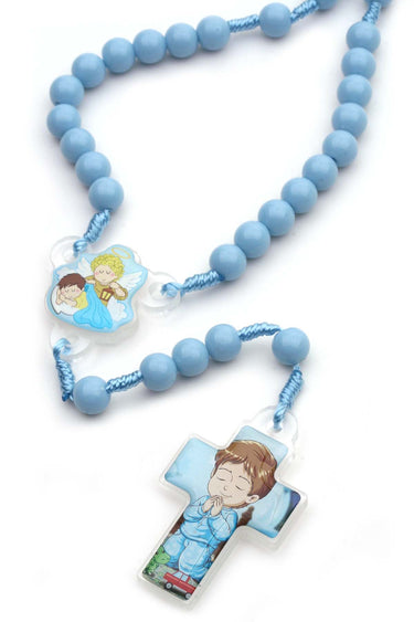 Blue Catholic child rosary beads on cord with acrylic crucifix for boys first communion baptism gift