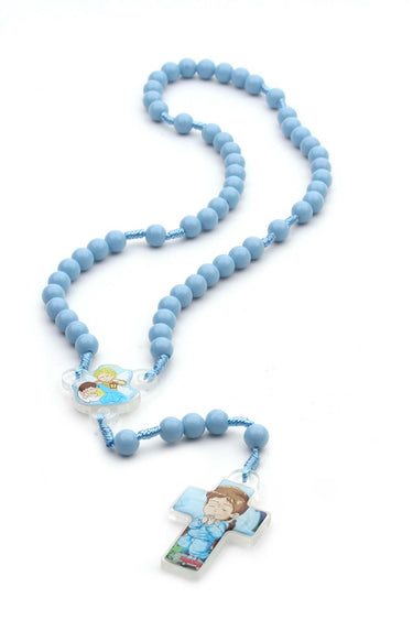 Blue Catholic child rosary beads on cord with acrylic crucifix for boys first communion baptism gift