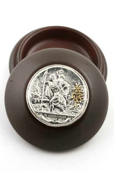 Wood Rosary Box with St Christopher Icon | 3.5" Diameter | Holds 12mm Beads | Handcrafted in Poland