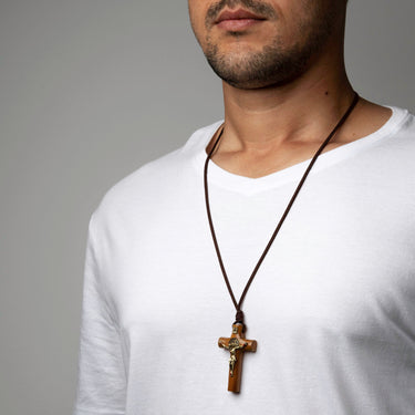 Mens brown wood cross necklace with black leather cord, 3 inch Brazilian wood crucifix with red painted wounds