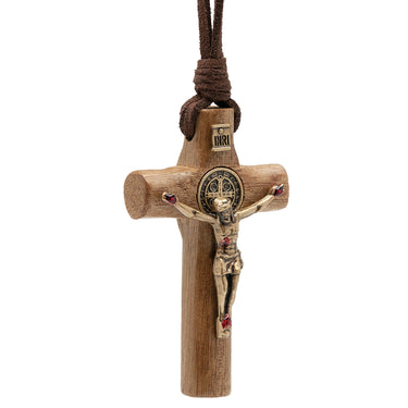 Mens brown wood cross necklace with black leather cord, 3 inch Brazilian wood crucifix with red painted wounds