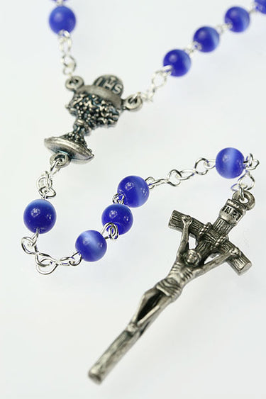 Blue Cat's Eye Glass Rosary | Chalice Center | 5mm Beads | 16.5" | First Communion Gift