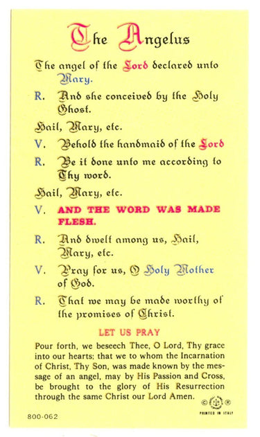 The Angelus laminated Catholic prayer card with full text of the traditional devotion prayed three times daily