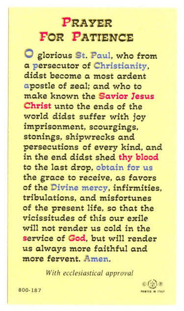 St. Paul prayer for patience laminated Catholic card with 1 Corinthians 13 Scripture text