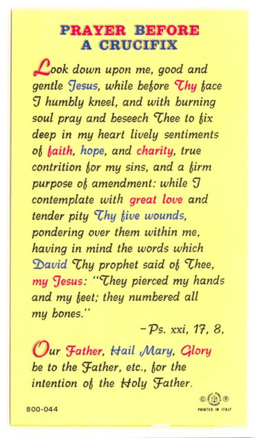 Prayer Before a Crucifix laminated Catholic holy card with full text of traditional indulgenced prayer
