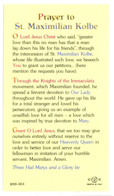 St. Maximilian Kolbe Laminated Prayer Card | Martyr of Auschwitz