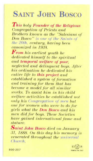 St. John Bosco Laminated Prayer Card | Patron Saint of Youth & Students | Catholic Holy Card