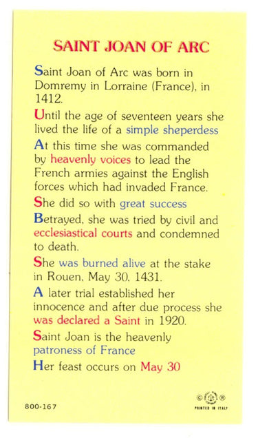 St. Joan of Arc Laminated Prayer Card | Patron Saint of Soldiers & France | Catholic Holy Card