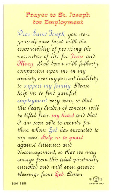 St. Joseph laminated Catholic prayer card with full color image and prayer on reverse