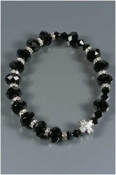 Black Onyx Cross Catholic Bracelet | 10mm Beads | Crystal Cross | Stretchable | RosaryCard