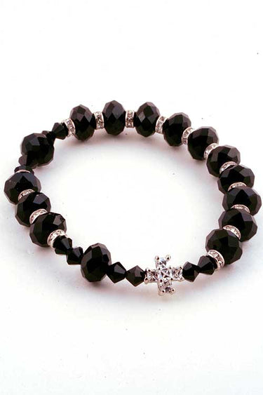 Black Onyx Cross Catholic Bracelet | 10mm Beads | Crystal Cross | Stretchable | RosaryCard
